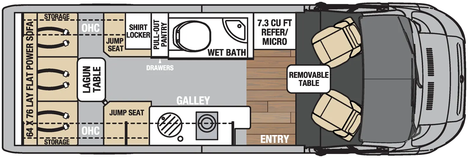 The Nova 20C has 0 slideouts and 1 entry door and rear doors. Interior layout from front to back; removable table; door side 7.3 cubic feet refrigerator and microwave; door side near entry Galley kitchen with LP cooktop and single sink with overhead cabinets; off door wet bath room with toilet and sink; door side jump seat and overhead cabinets; off-door side pull out pantry and shirt locker and jump seat with overhead cabinets; rear 64 inch by 76 inch flat power sofa with storage.